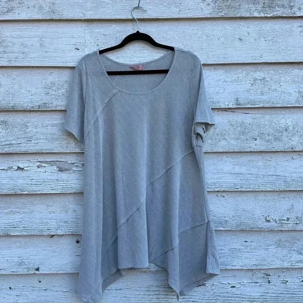SJS Textured,‎ Crew Neck Knit Top w/ Asymmetric Hem Lagenlook Bohemian plus size